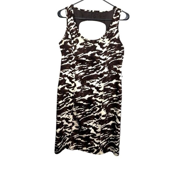 Michael Kors Brown Off White Abstract Print Dress Size 6 Keyhole Back Sheath - Picture 1 of 6